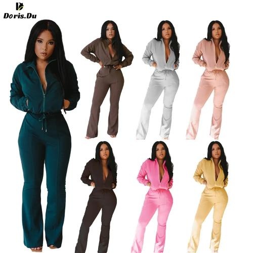  Sexy Lady 2 Pcs Jogger Zipper Outfits Solid Tracksuit